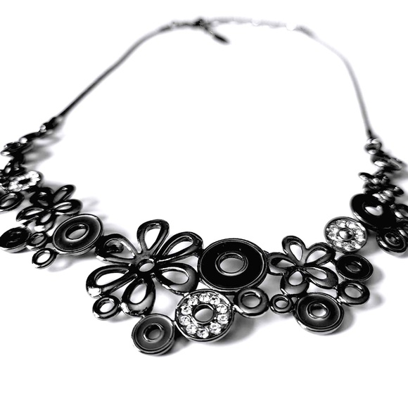 SPOUTNIK Titanium Black Chain Link Circles & Floral Shapes Rhinestone Necklace - Picture 3 of 8